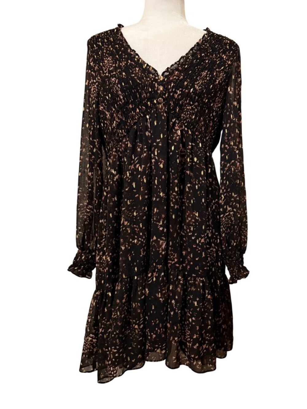Cece Woman Chiffon Ruffled Black/Gold Shift Bell Sleeve A-line Lined Dress Sz L